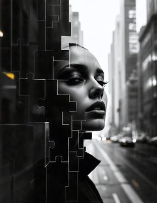 The primary subject of the image is a woman with a black and white photo of her face. The setting is a city street with cars and traffic lights visible in the background. The visual style is a black and white photo, giving it a classic and timeless appearance. The colors and mood of the image are predominantly black and white, creating a sense of depth and contrast.